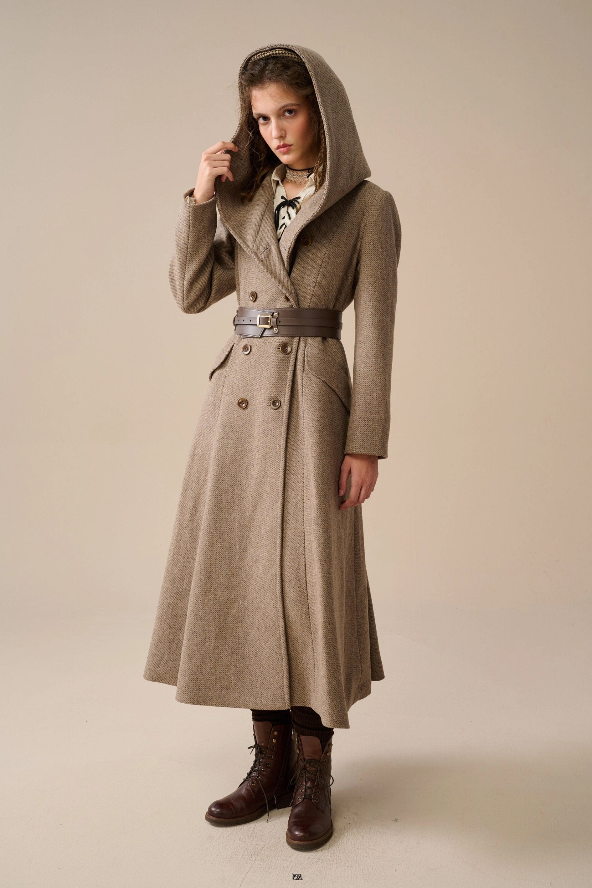 Trista 24 | 100% twill wool hooded coat GarmentDyed Effect Morning Wear