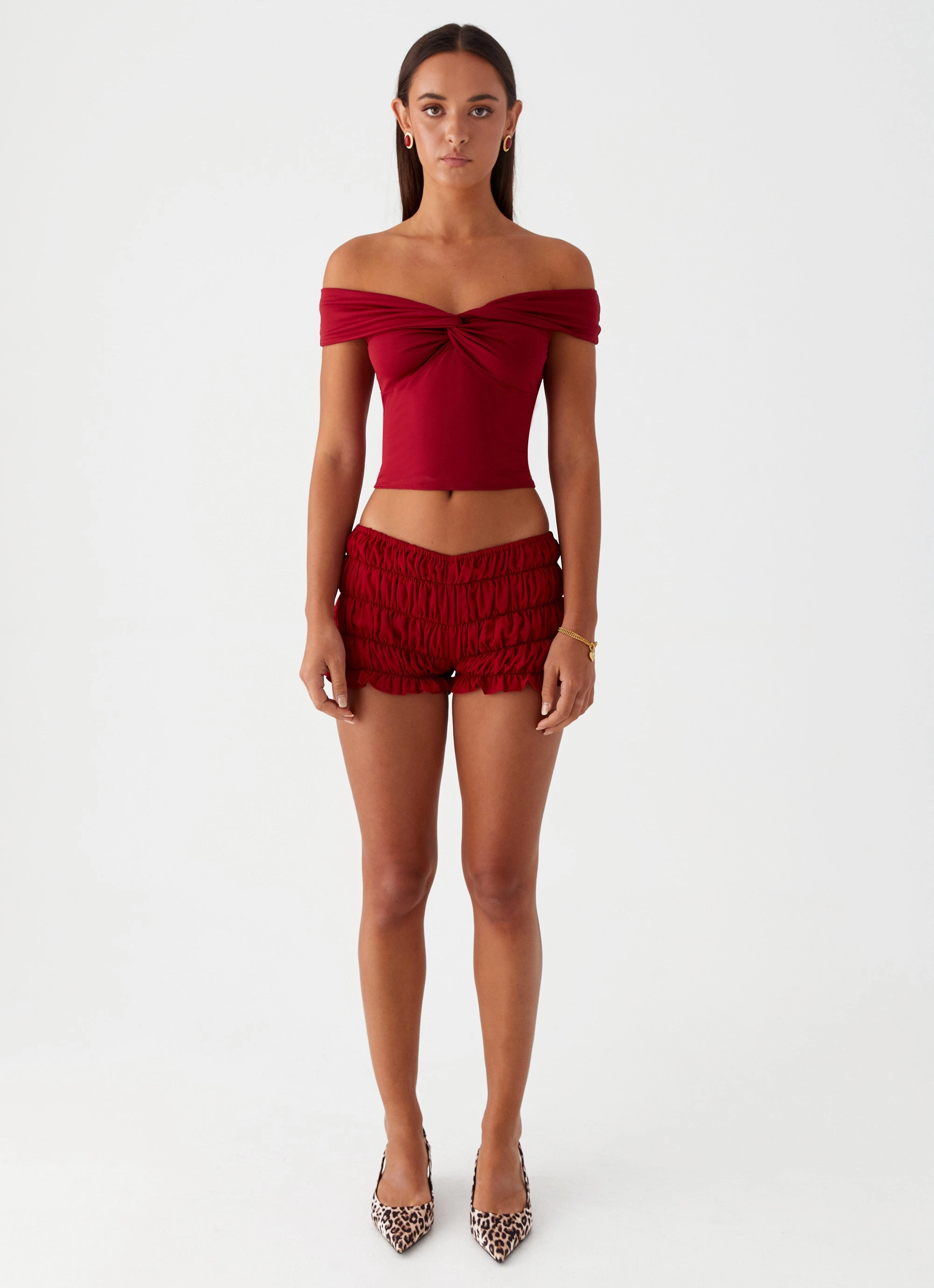 Trixie Twist Off Shoulder Top - Maroon Anti Static Weave Technology Reinforced Stitching