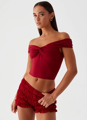 Trixie Twist Off Shoulder Top - Maroon Denim Shirt