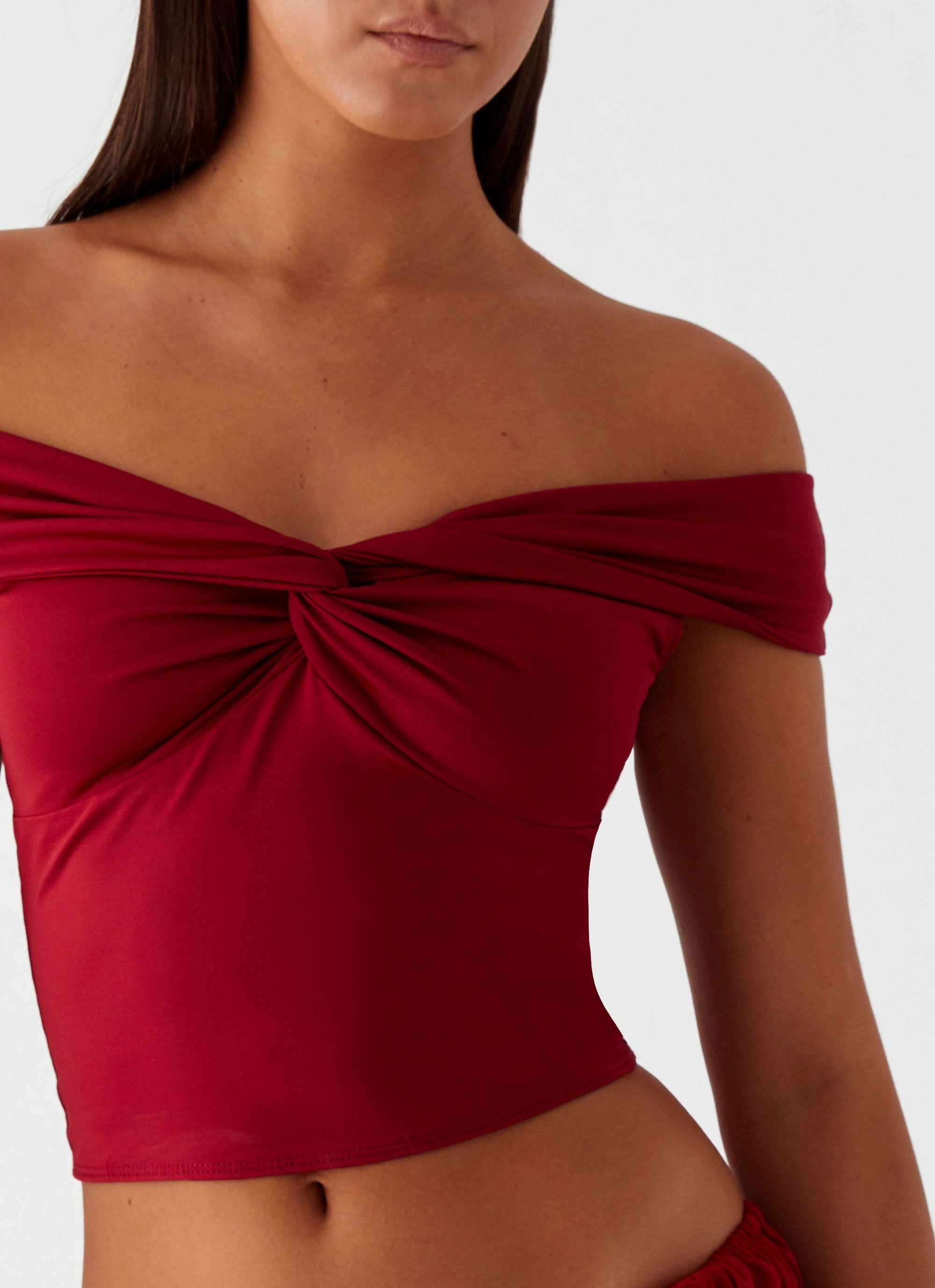 Versatile Design Trixie Twist Off Shoulder Top - Maroon