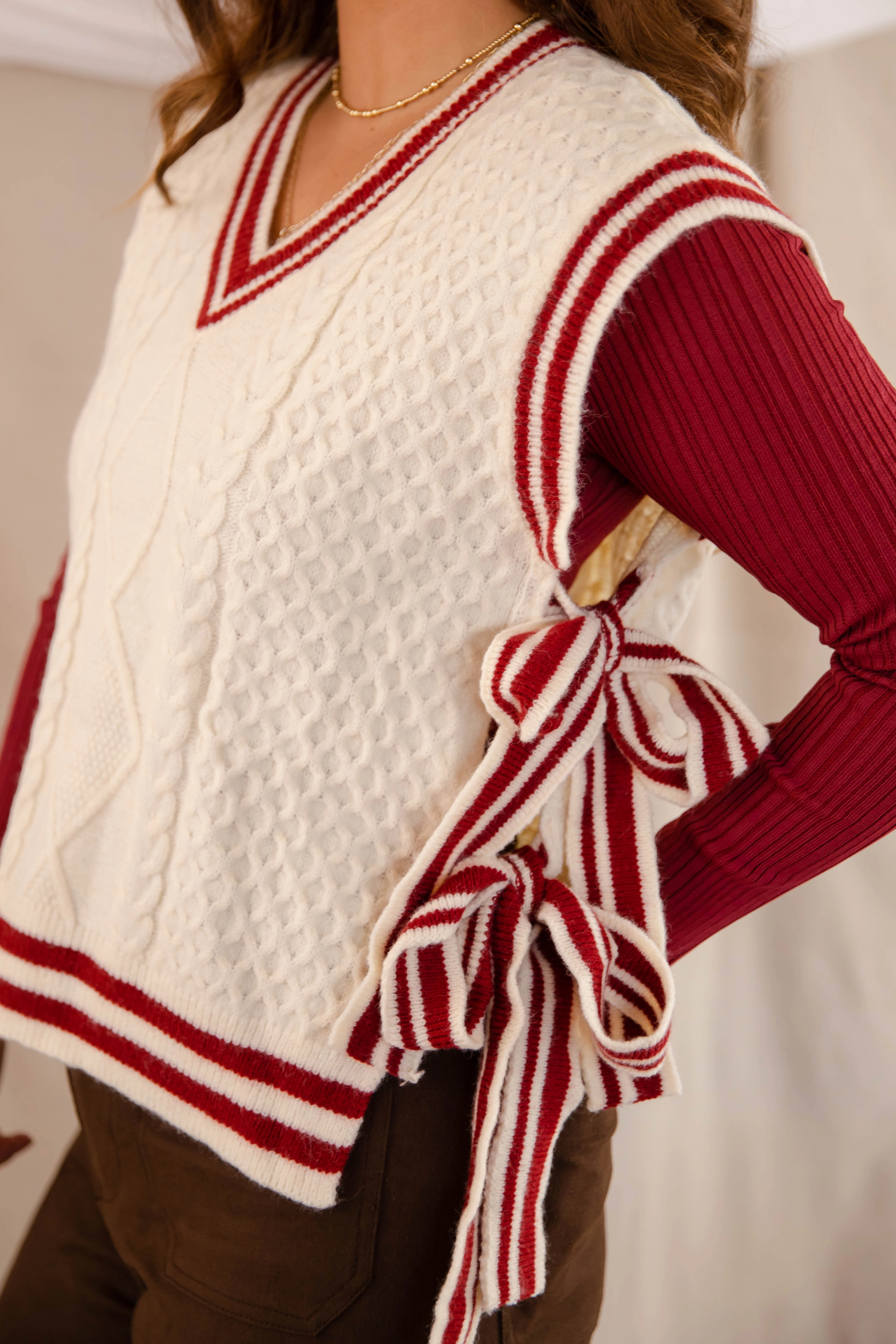 EasyClean Ribbed Trim Truth Or Dare Sweater Vest-Brick