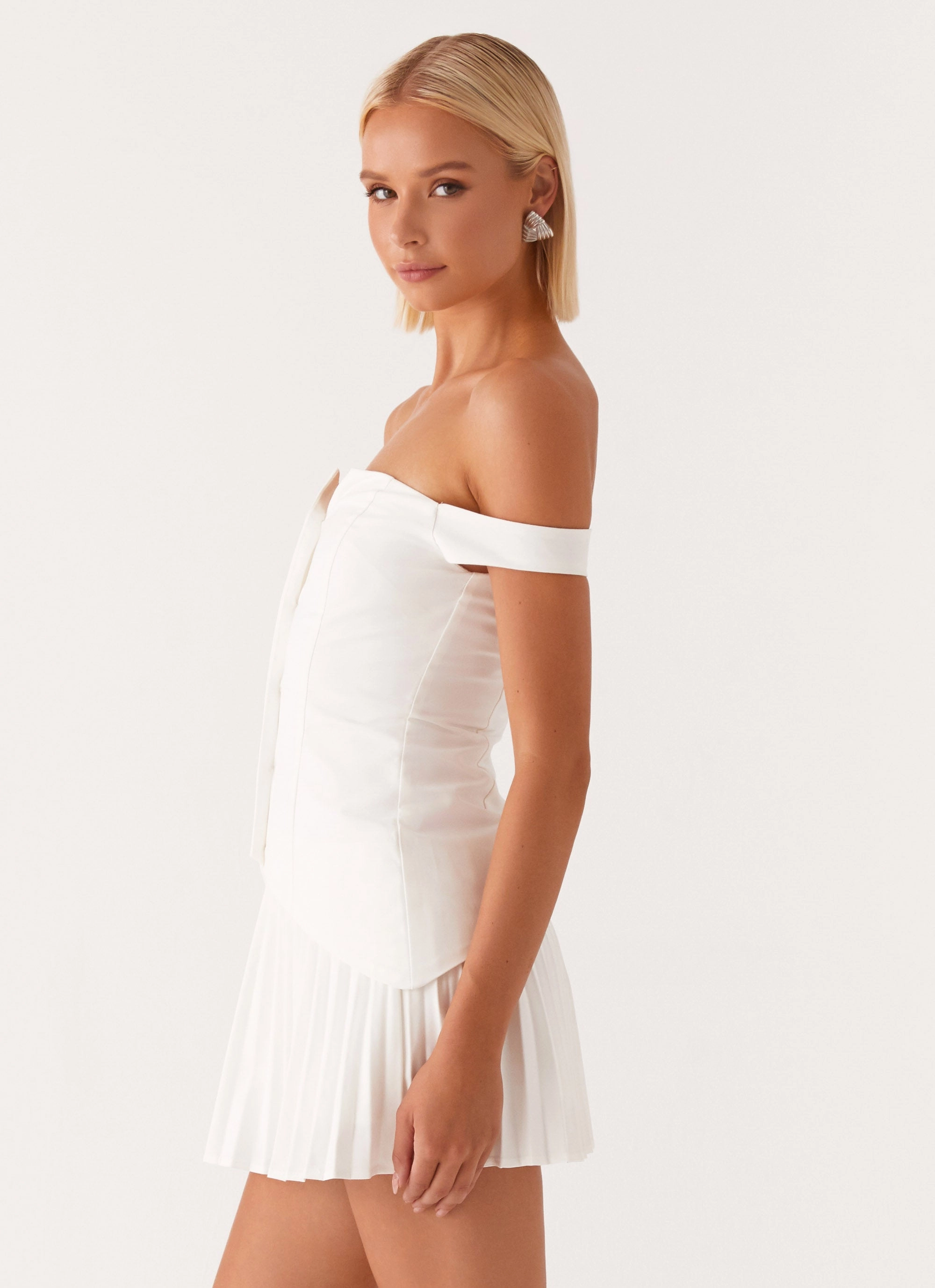 Clean Finish Twisted Skies Off Shoulder Mini Dress - Off White