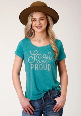 Roper Womens Turquoise Poly/Rayon Small Town Proud S/S T-Shirt Comfort First Fit Classic Appeal