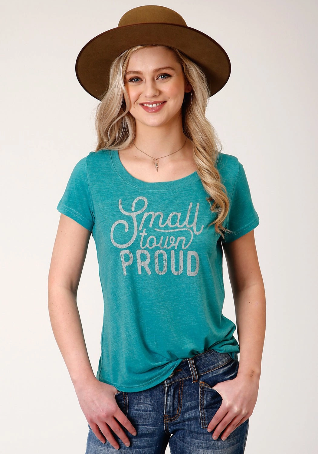 Roper Womens Turquoise Poly/Rayon Small Town Proud S/S T-Shirt Comfort First Fit Classic Appeal