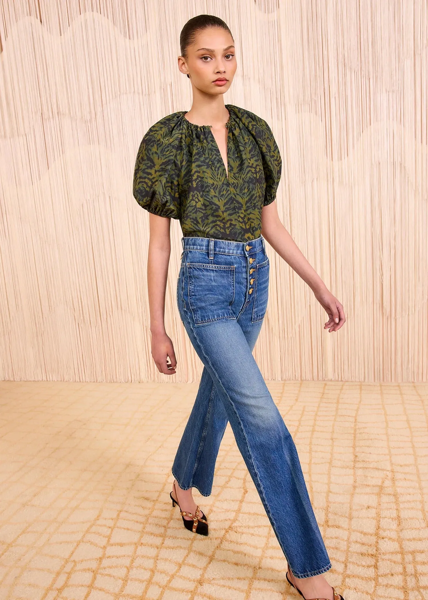 Ulla Johnson Talie Silk Short Sleeve Blouse Long Sleeve Polo Drop Shoulder