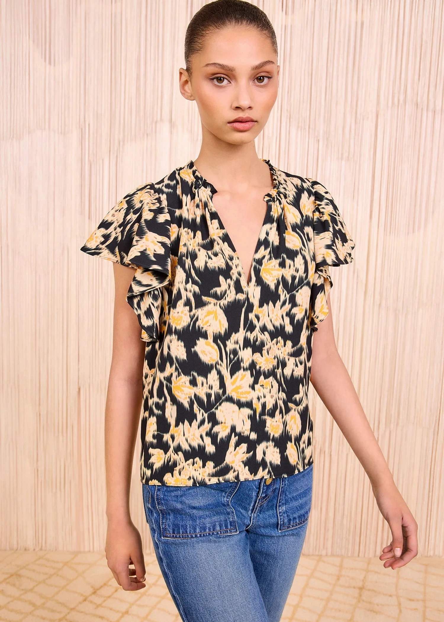 Sporty Tee ConvertibleCollar Ulla Johnson Lilo Flutter Sleeve Blouse