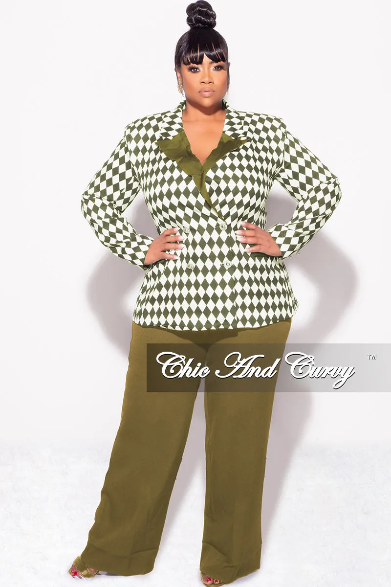 Final Sale Plus Size 2pc Pants Suit in Olive and White Diamond Print Street Style