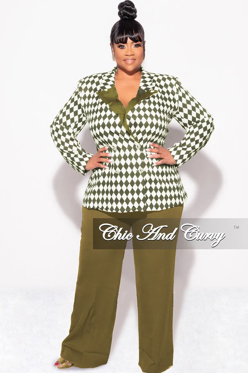Modular Pocket System Low-rise style Final Sale Plus Size 2pc Pants Suit in Olive and White Diamond Print
