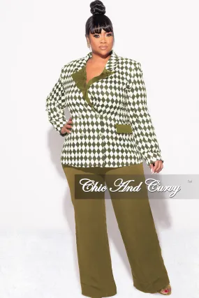 Hidden Pocket System Formal Look Final Sale Plus Size 2pc Pants Suit in Olive and White Diamond Print