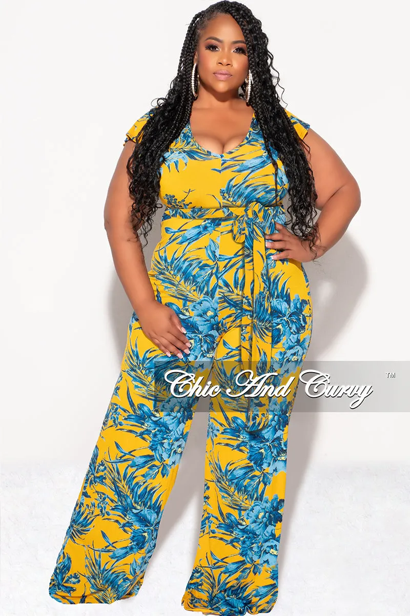 Air Comfort Chill Fit Final Sale Plus Size Faux Wrap Flutter Sleeve Jumpsuit with Tie in Mustard and Turquoise Leaf Print