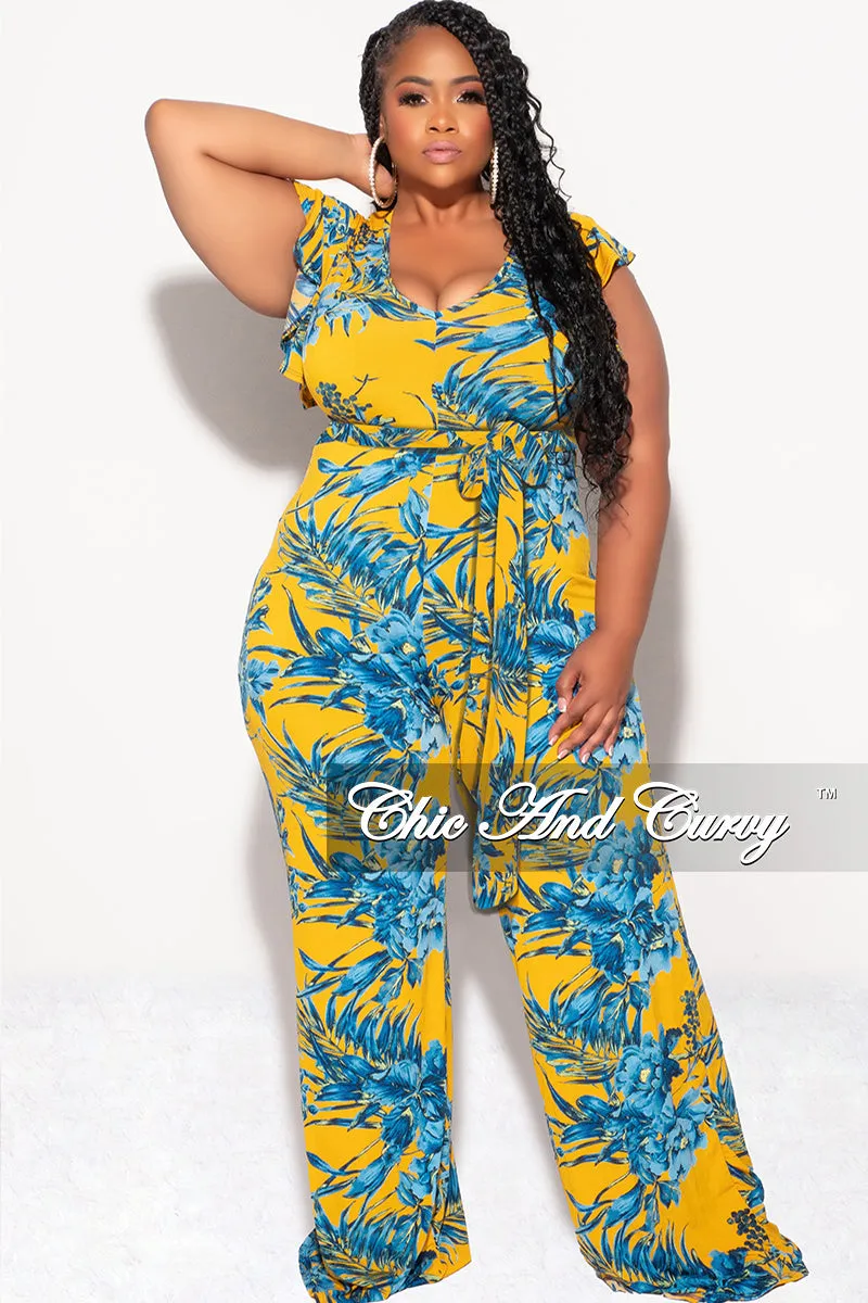 Final Sale Plus Size Faux Wrap Flutter Sleeve Jumpsuit with Tie in Mustard and Turquoise Leaf Print soft fit No Ride Up Design