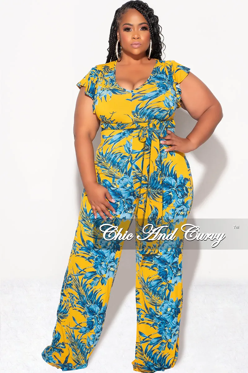 Quick Conversion Hem All Fit Final Sale Plus Size Faux Wrap Flutter Sleeve Jumpsuit with Tie in Mustard and Turquoise Leaf Print