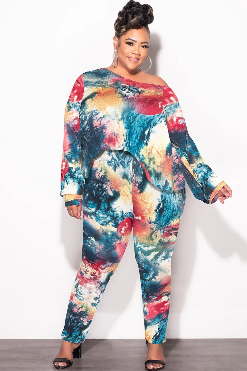 Final Sale Plus Size 2 pc Set Top & Pants in Dark Multi-Colors Perfect Stretch