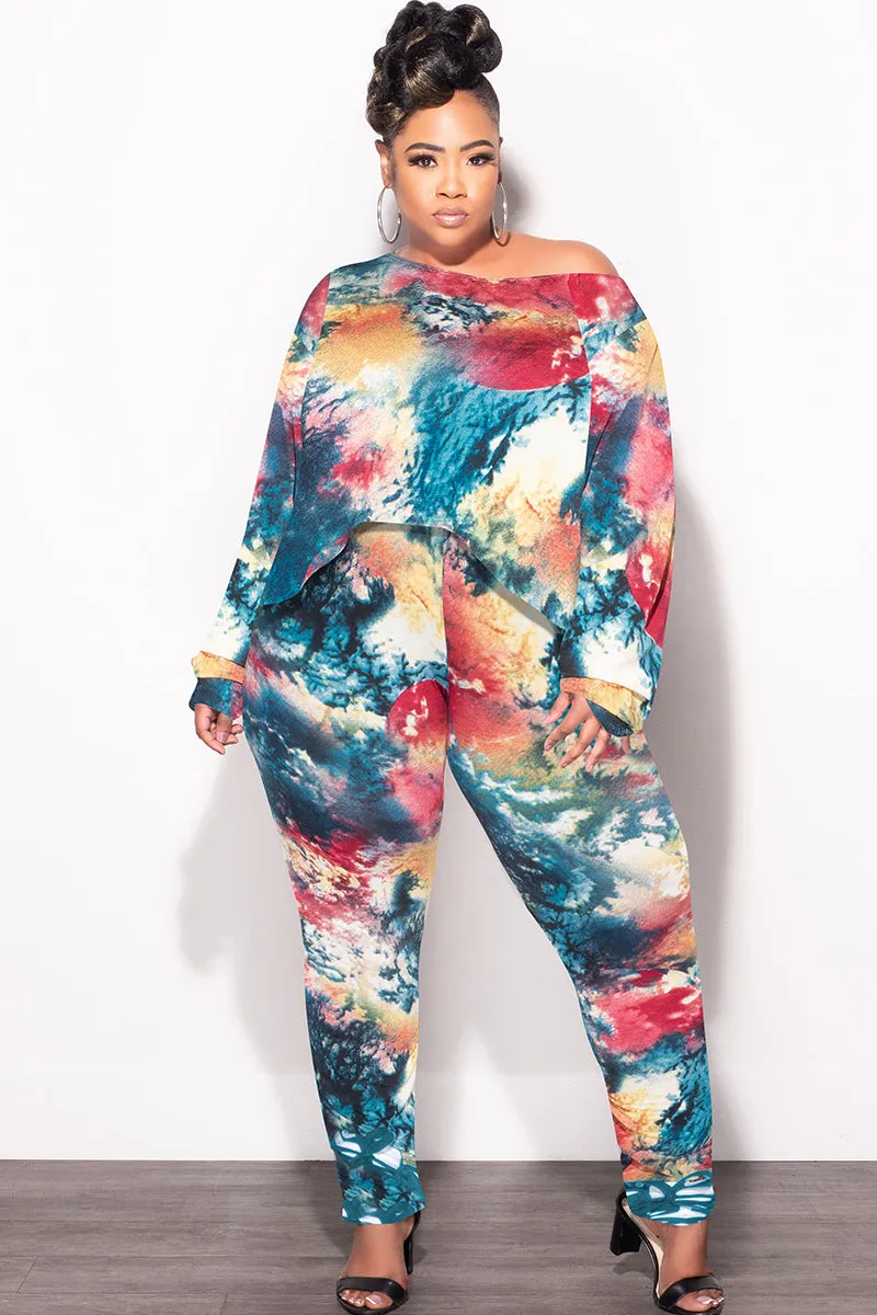 No Ride Final Sale Plus Size 2 pc Set Top & Pants in Dark Multi-Colors