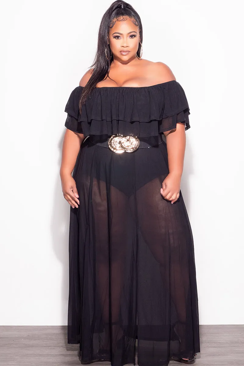 luxe feel Trail Ready Final Sale Plus Size Off the Shoulder Mesh Ruffle Bodysuit Dress with Double Slits in Black