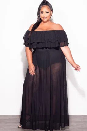 Final Sale Plus Size Off the Shoulder Mesh Ruffle Bodysuit Dress with Double Slits in Black Hygienic Inner Layer