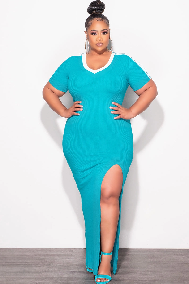 clean design Fashionable Appeal Final Sale Plus Size Ribbed Colorblock Bodycon Dress with Front Slit in Turquoise