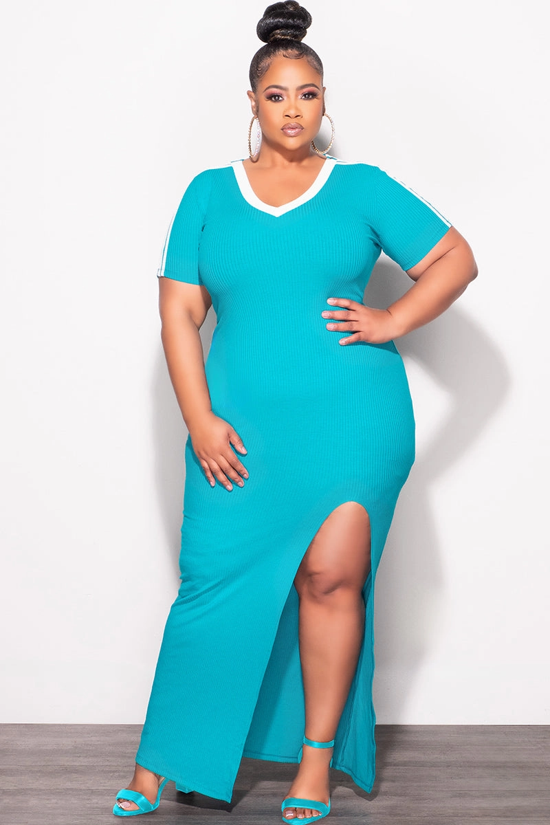 Weather Ready Final Sale Plus Size Ribbed Colorblock Bodycon Dress with Front Slit in Turquoise