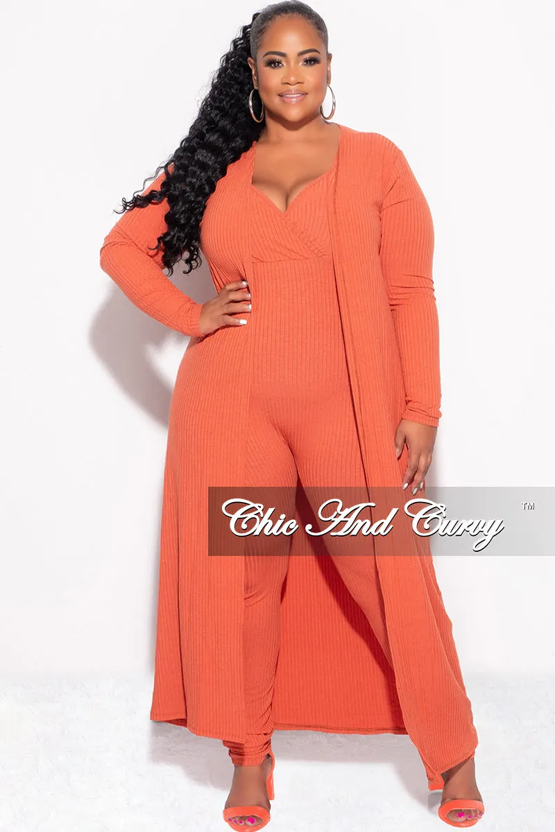 Flattering Design Final Sale Plus Size 2pc Ribbed Duster & Spaghetti Strap Jumpsuit Set in Orange