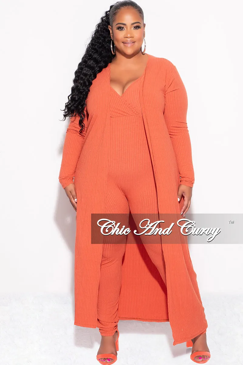Travel Fit Final Sale Plus Size 2pc Ribbed Duster & Spaghetti Strap Jumpsuit Set in Orange