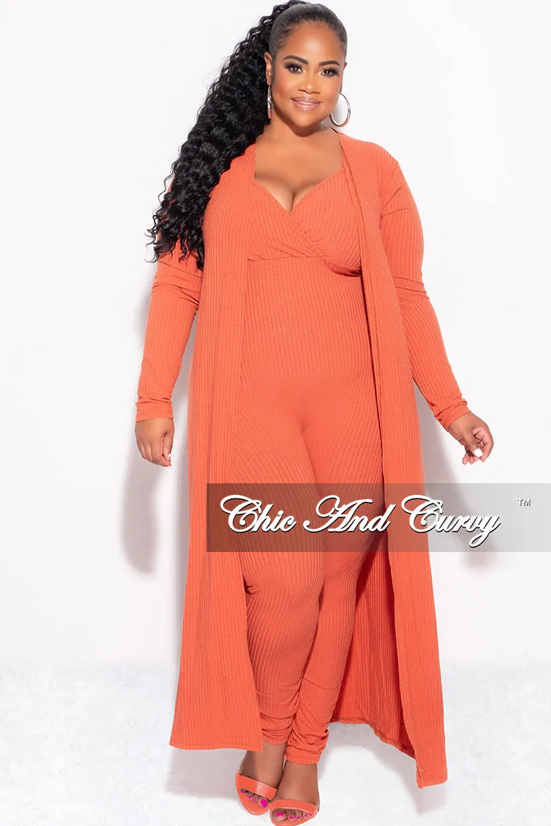 Final Sale Plus Size 2pc Ribbed Duster & Spaghetti Strap Jumpsuit Set in Orange Light Fit Wear
