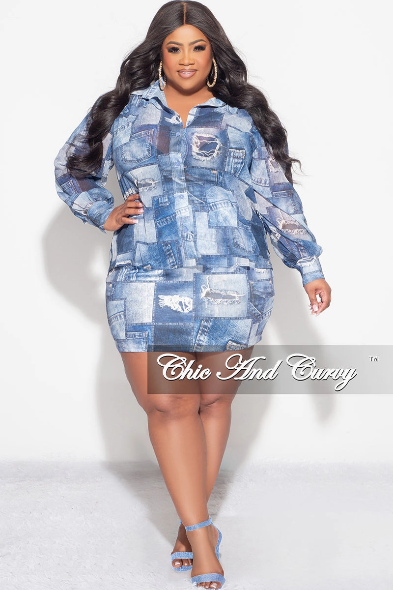 Final Sale Plus Size 2pc Chiffon Collar Button Up Top And Skirt Set in Denim Print Casual Design