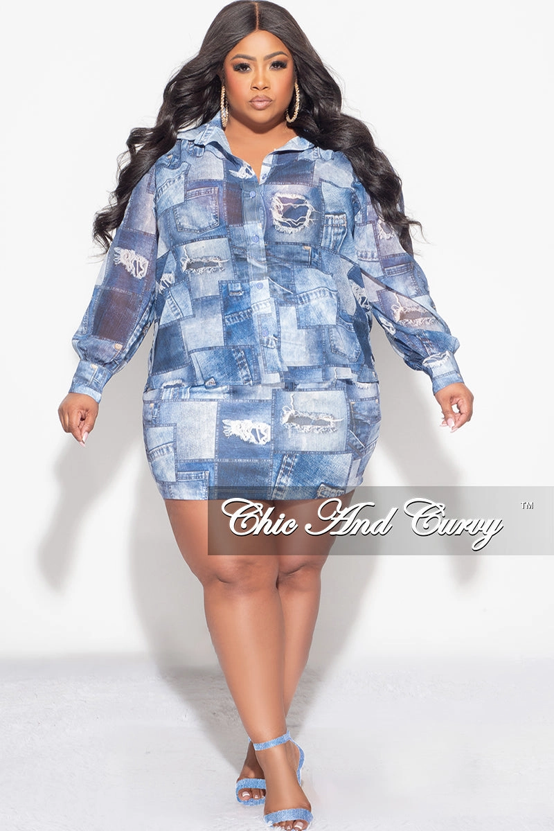 FlexibleMobilityDesign Final Sale Plus Size 2pc Chiffon Collar Button Up Top And Skirt Set in Denim Print