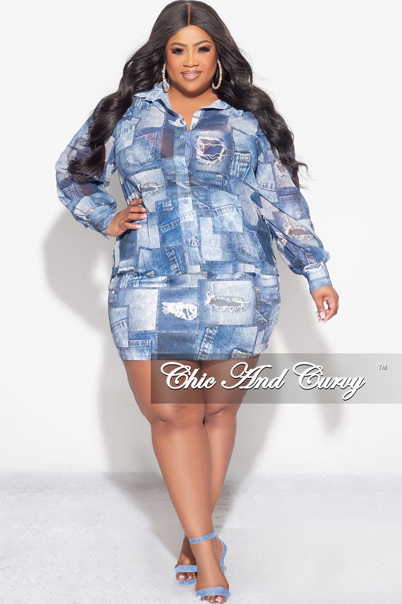 FlexibleMobility Tagless label Final Sale Plus Size 2pc Chiffon Collar Button Up Top And Skirt Set in Denim Print