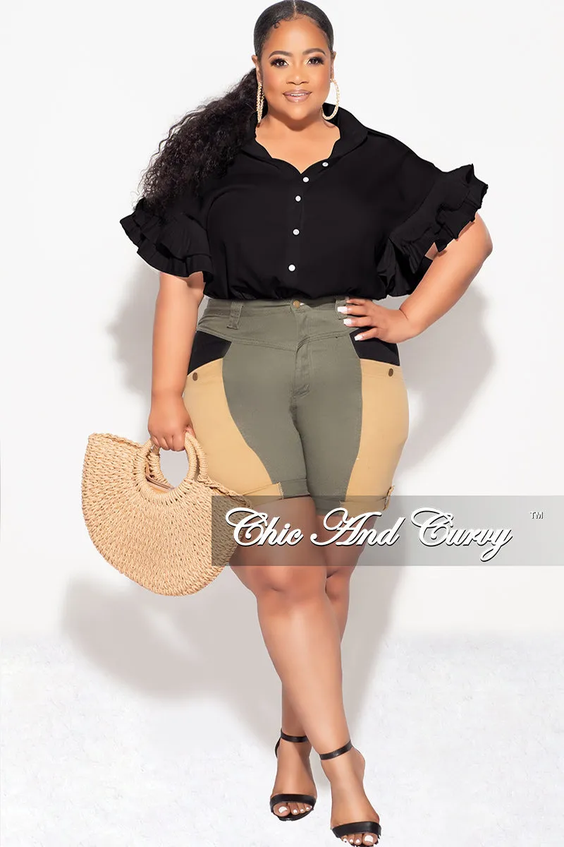 Final Sale Plus Size Button Up Collar Top with Pleated Ruffle Sleeves in Black Clean Finish Active Comfort Fit