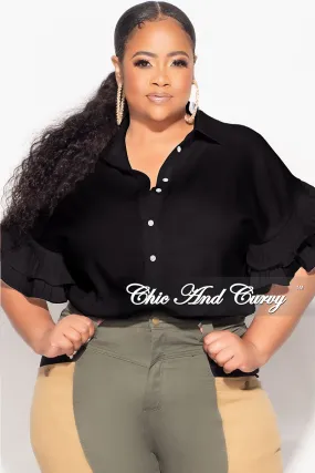 Final Sale Plus Size Button Up Collar Top with Pleated Ruffle Sleeves in Black ArticulatedJoints