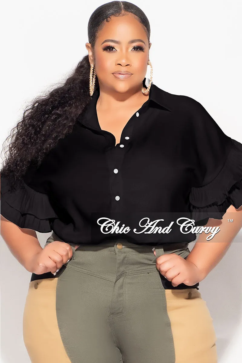 Final Sale Plus Size Button Up Collar Top with Pleated Ruffle Sleeves in Black ArticulatedJoints
