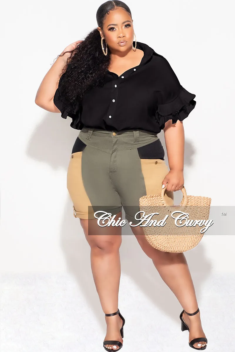 Non Binding Waist Slim Comfort Final Sale Plus Size Button Up Collar Top with Pleated Ruffle Sleeves in Black