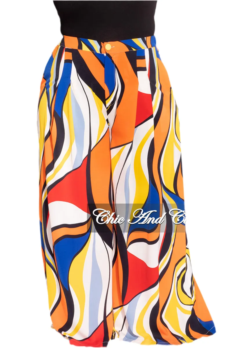Compression Support Lining Light wash Final Sale Plus Size Chiffon Pants in Royal Blue Multi-Color Print