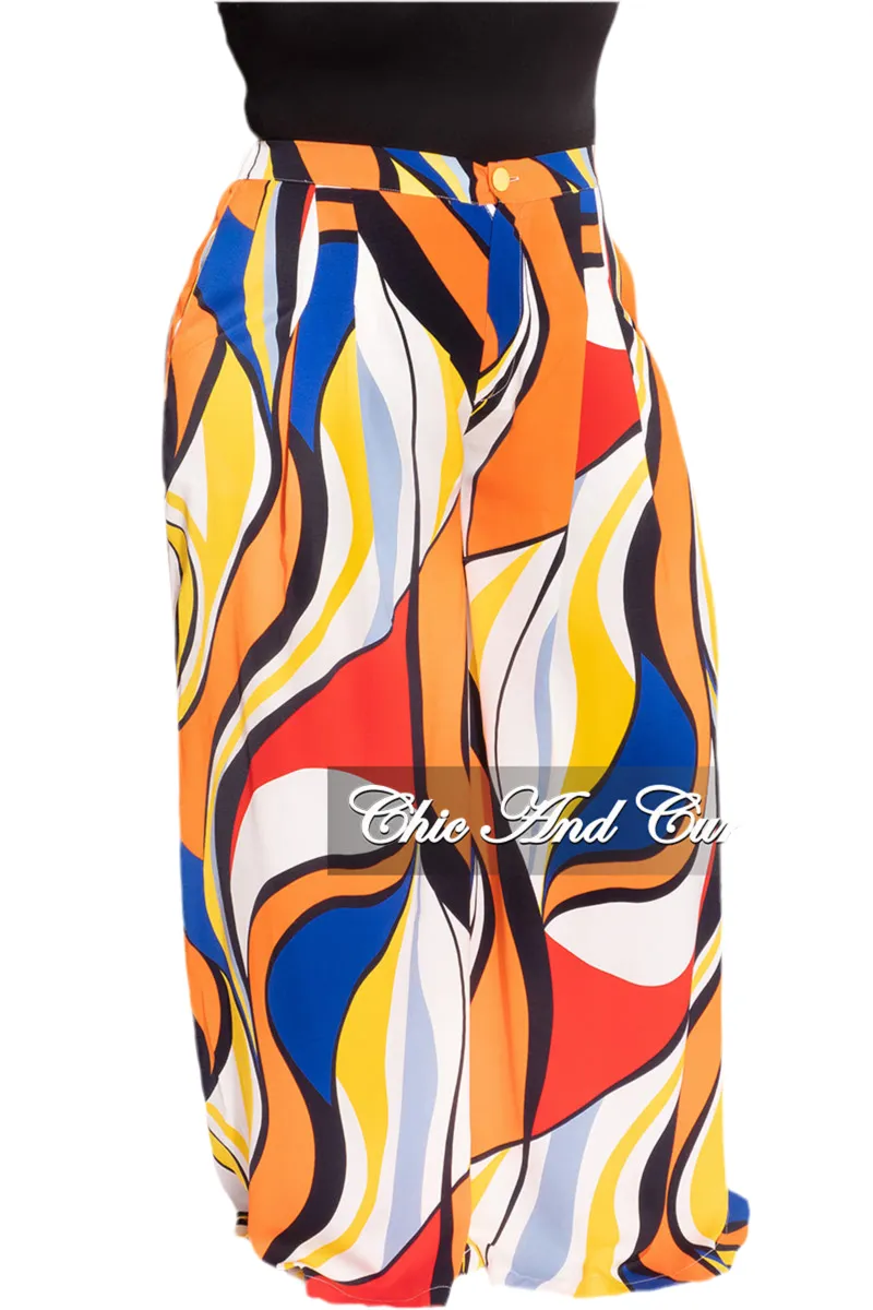 Comfortable Movement Final Sale Plus Size Chiffon Pants in Royal Blue Multi-Color Print