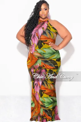Final Sale Plus Size Halter Neck Sleeveless Mermaid Dress in Yellow / Orange Perfect Comfort Fit Stretch Panel