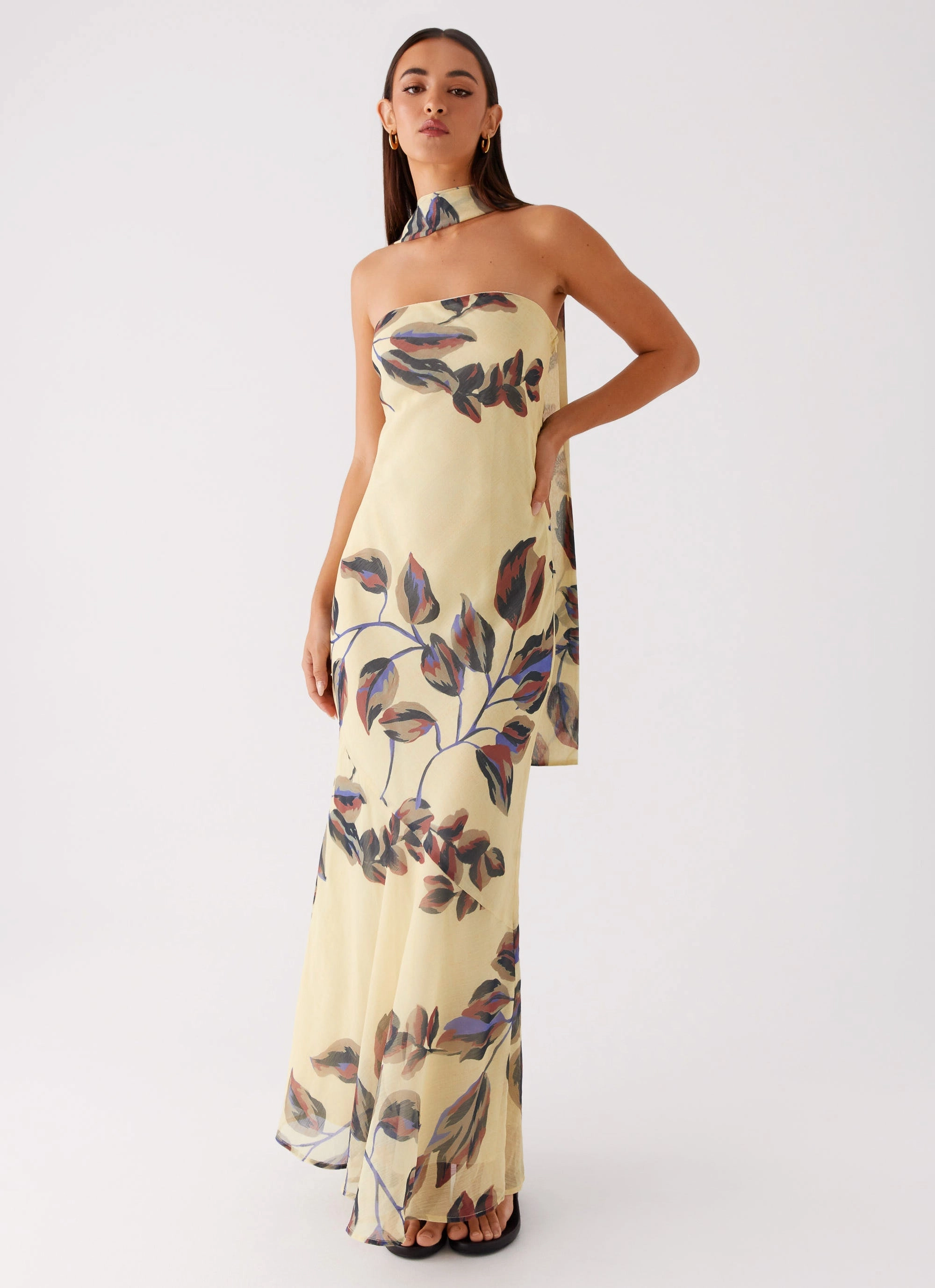 Fresh Color Earth Colors Under The Pagoda Maxi Dress - Buttercream Leaf Print