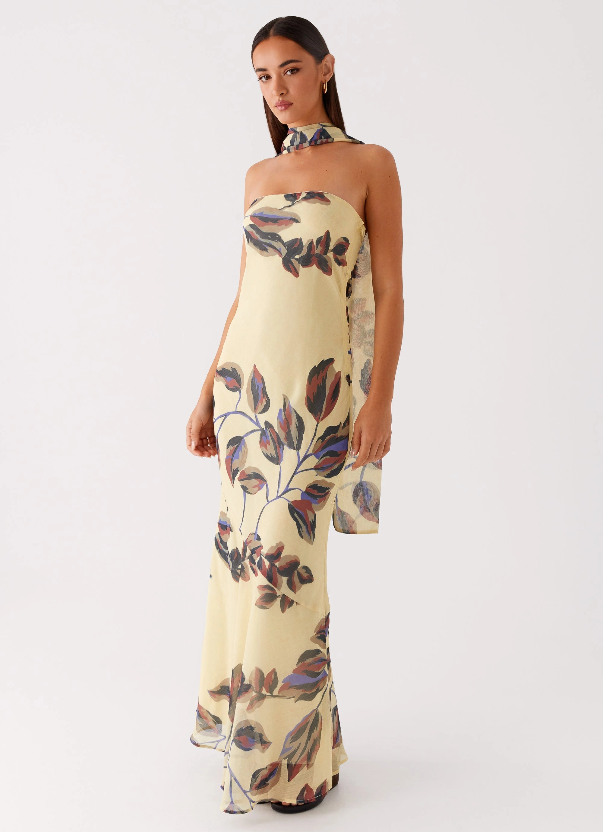 Under The Pagoda Maxi Dress - Buttercream Leaf Print Clean Stitch