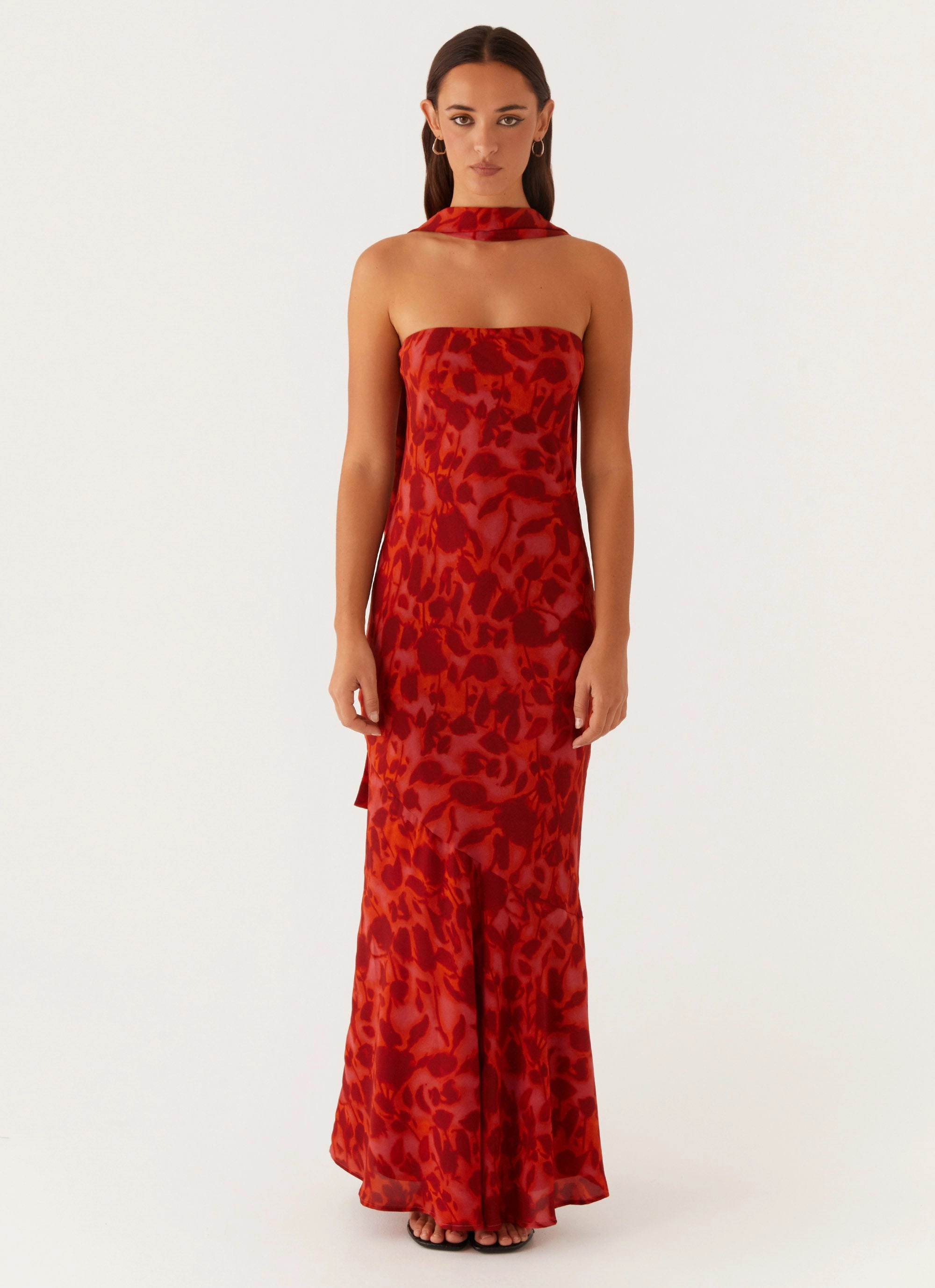 Under The Pagoda Maxi Dress - Deep Red Floral Sharp Touch High Shine