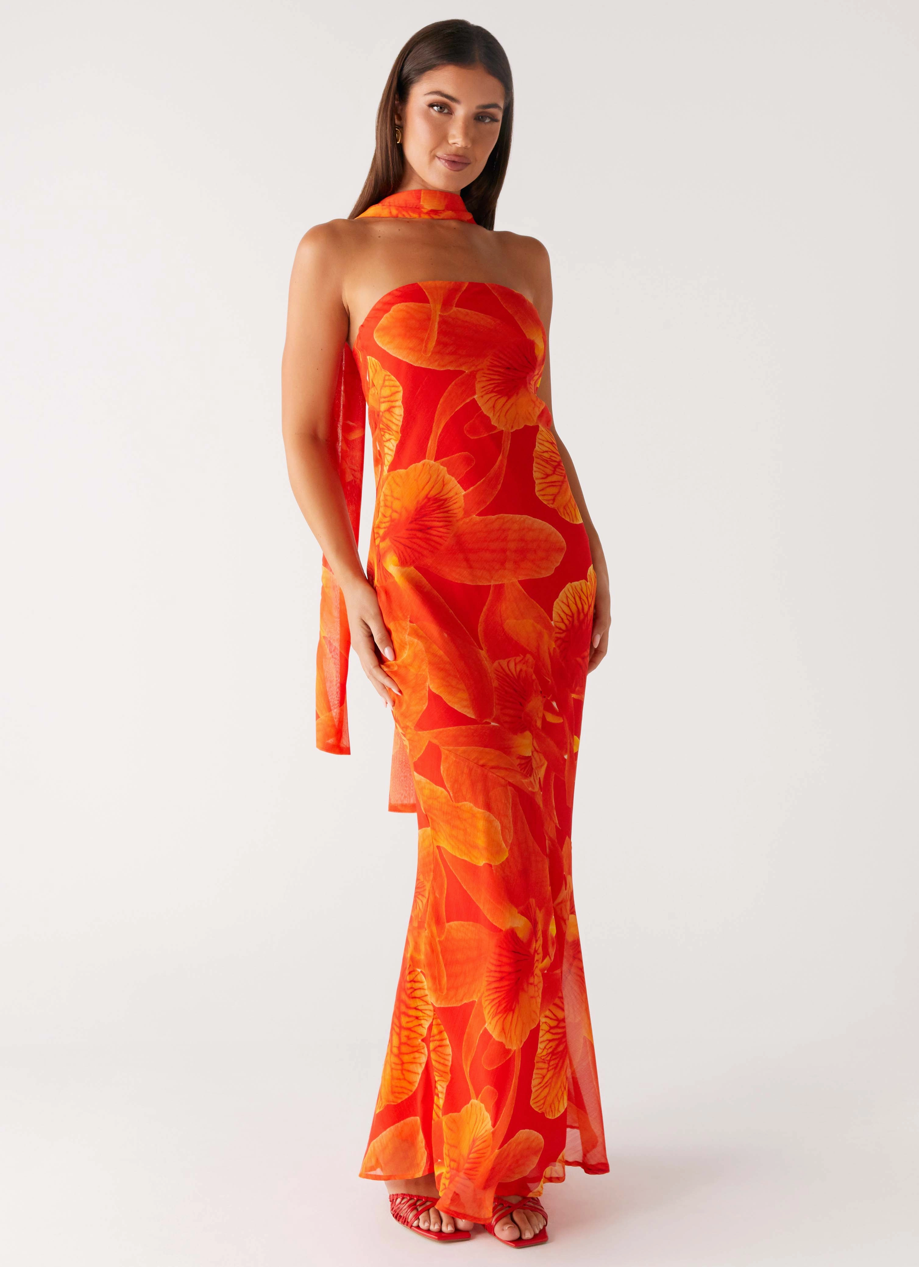 Innovative Fabric Under The Pagoda Maxi Dress - Orange Floral Smart Energy