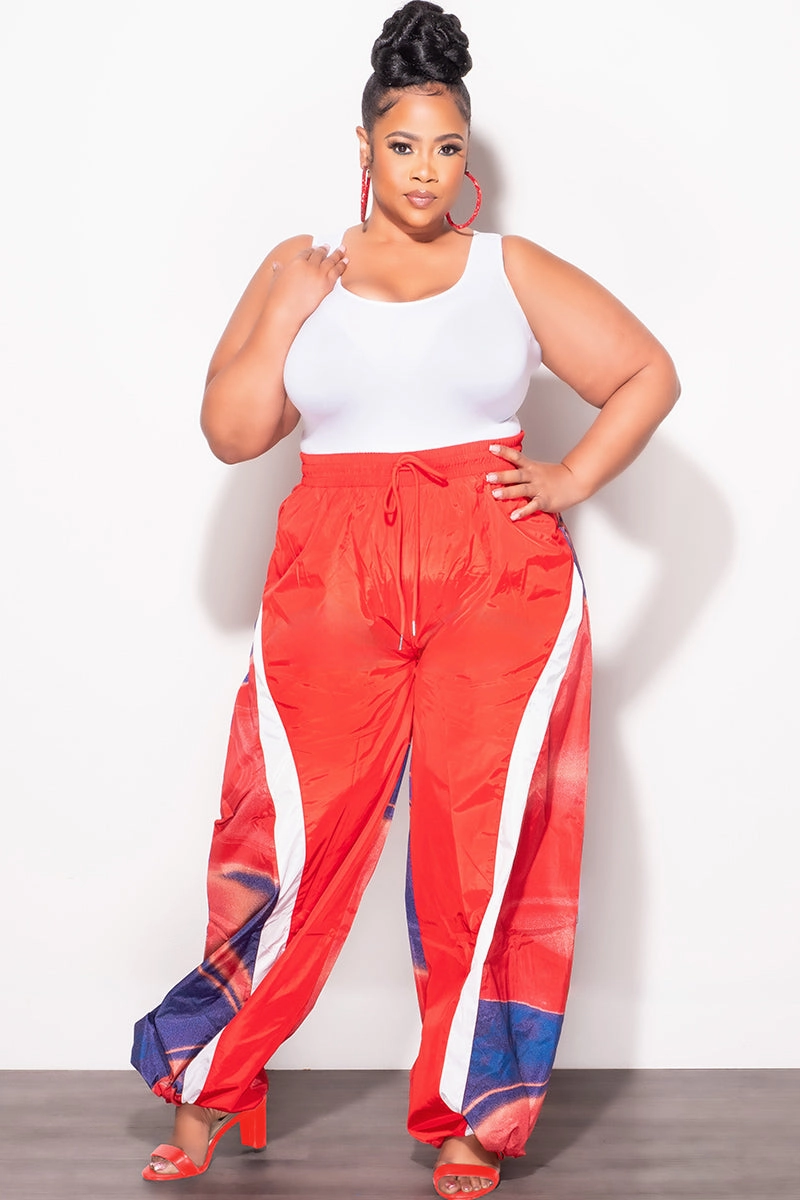 Final Sale Plus Size Oversized Windbreaker Wide Leg Pants in  Red and Blue Reflective accents