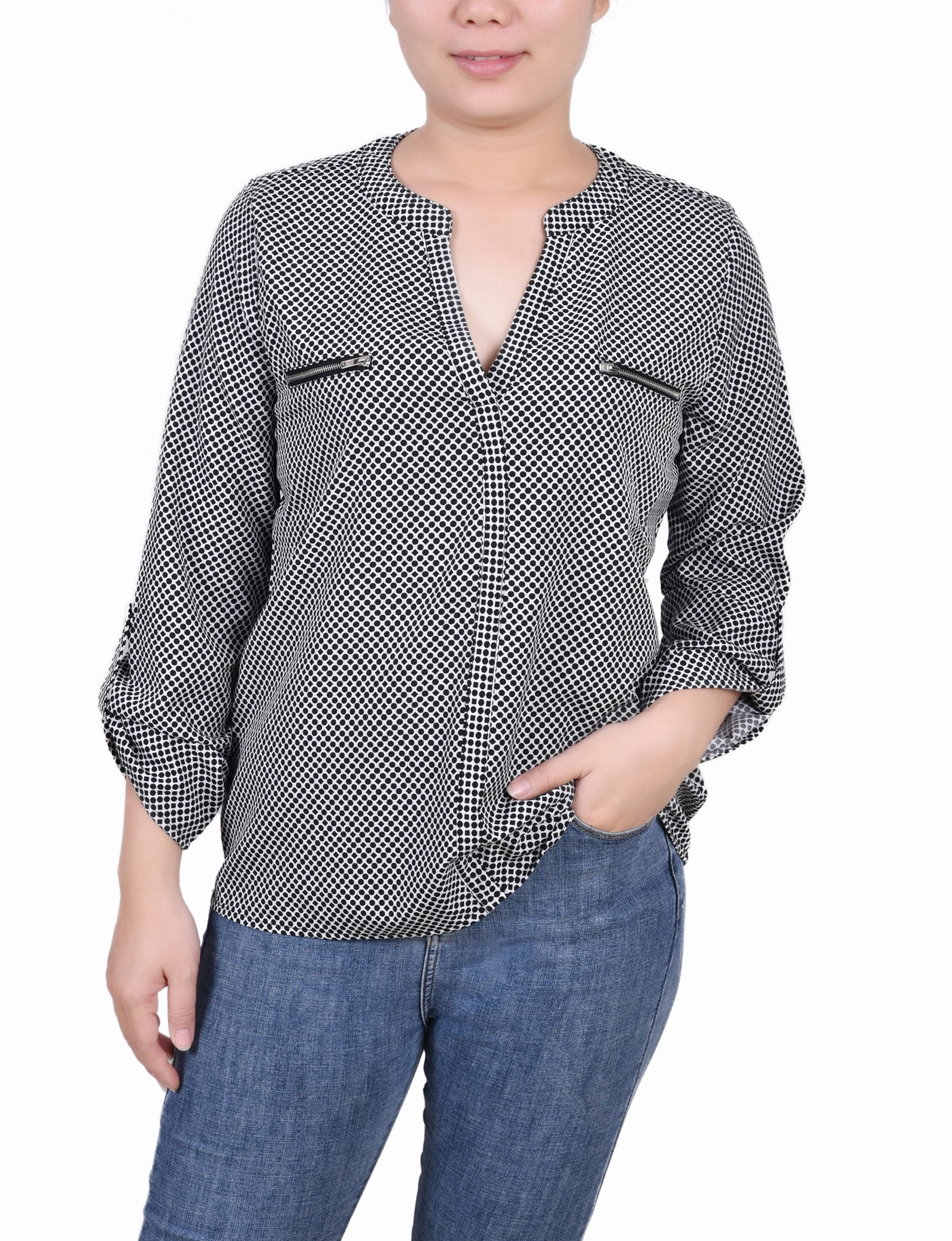 Long Roll Tab Sleeve Zip Pocket Blouse Compact Weave Fabric Modern Polo