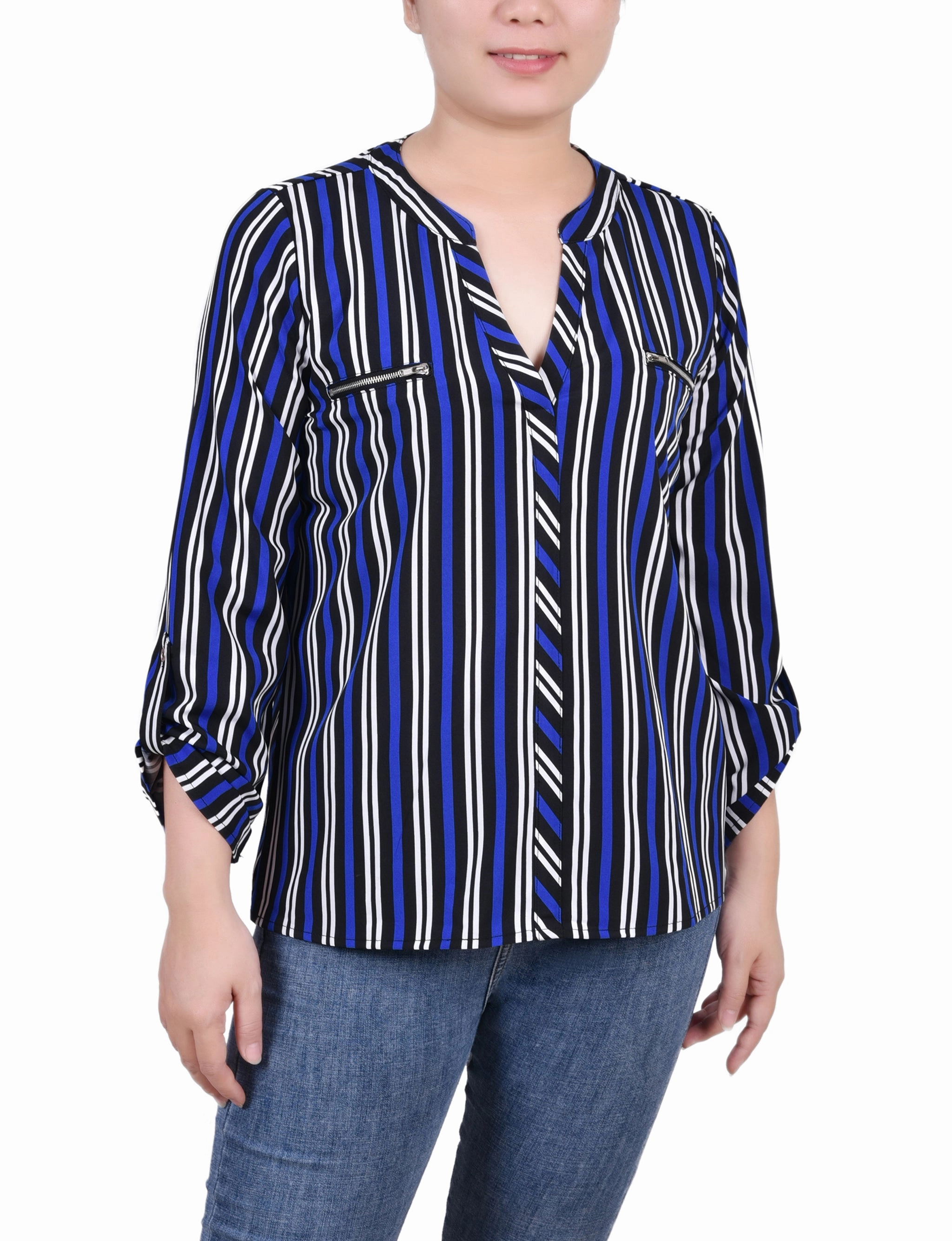 Long Roll Tab Sleeve Zip Pocket Blouse UltraSoftLining