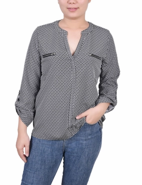 Long Roll Tab Sleeve Zip Pocket Blouse Compact Weave Fabric Modern Polo