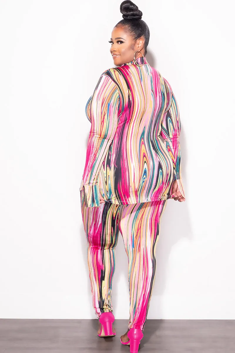 Breathable Comfort Design TemperatureRegulation Final Sale Plus Size 2-Piece Button Up Collar Top and Pants Set in Multi Color Print