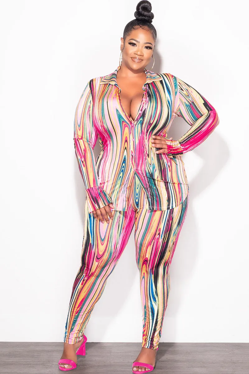 Final Sale Plus Size 2-Piece Button Up Collar Top and Pants Set in Multi Color Print Quick Access Pockets