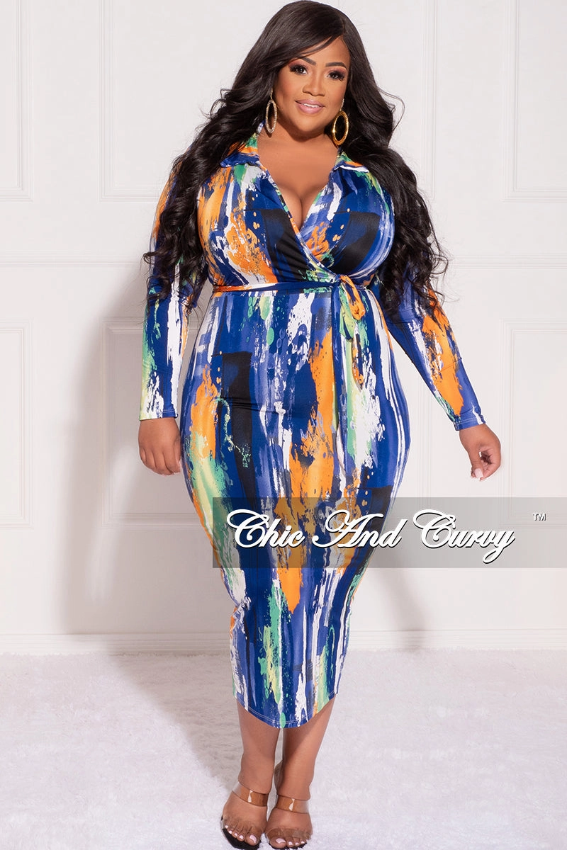 LowProfileStitching Final Sale Plus Size Collar Faux Wrap BodyCon with Waist Tie in Blue White and Orange Brush Stroke Print