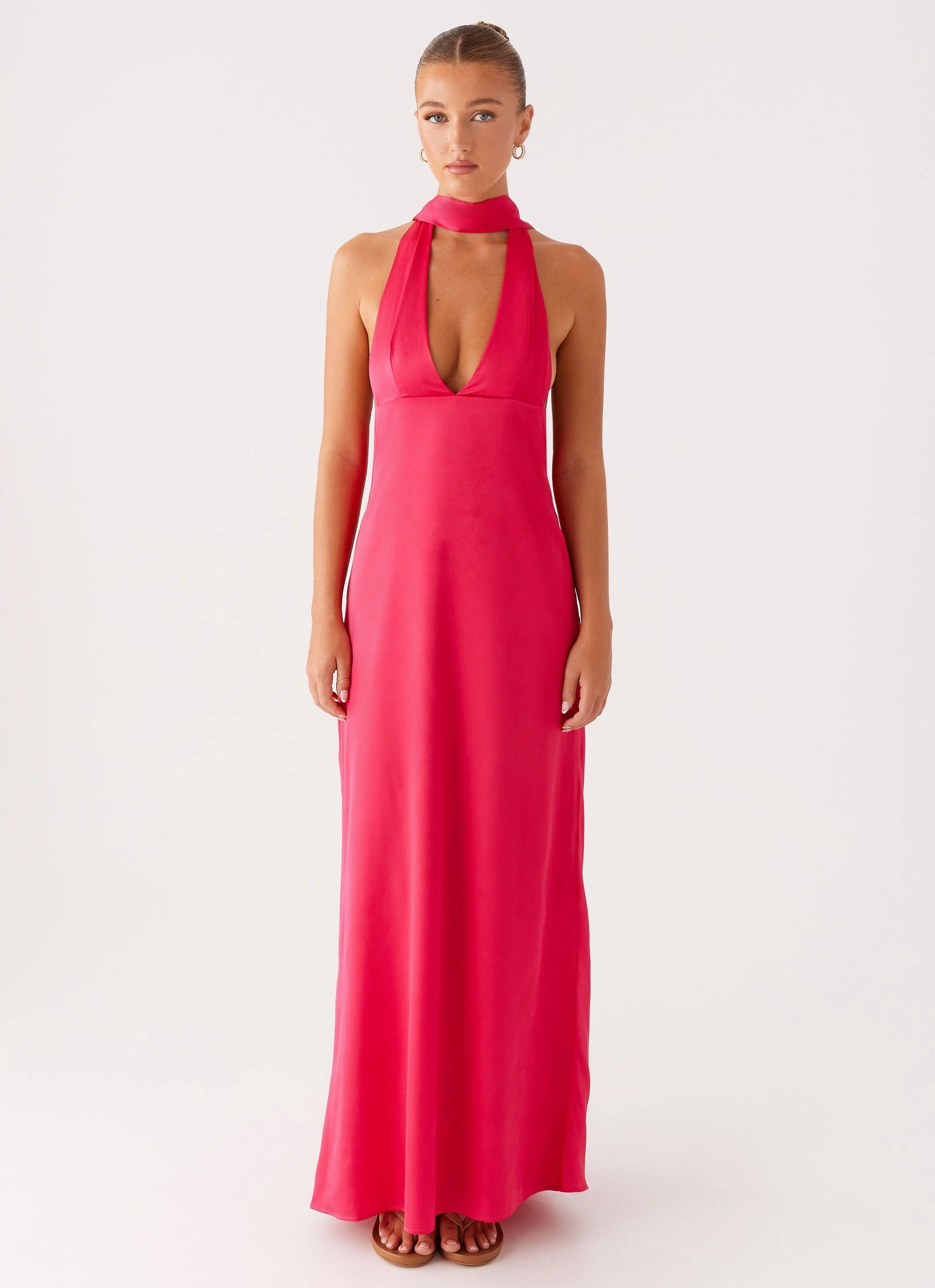 Sporty Casual Daily Wear UPF Protection Alicia Satin Halter Maxi Dress - Fuchsia