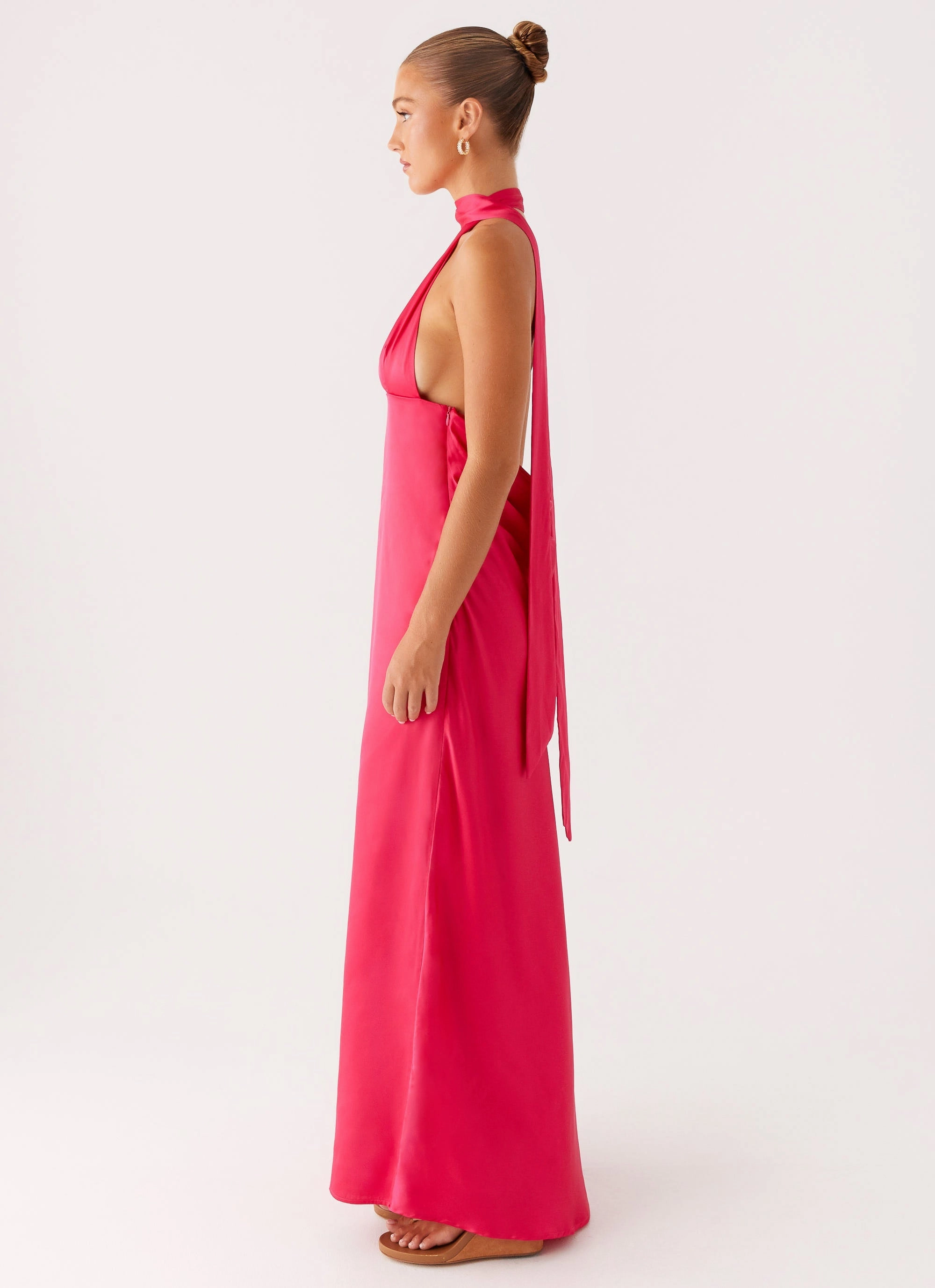 UPF Protection Alicia Satin Halter Maxi Dress - Fuchsia Matte Texture