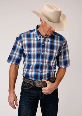 Outerwear Companion Roper Mens Blue 100% Cotton Royal Plaid BD S/S Button Shirt