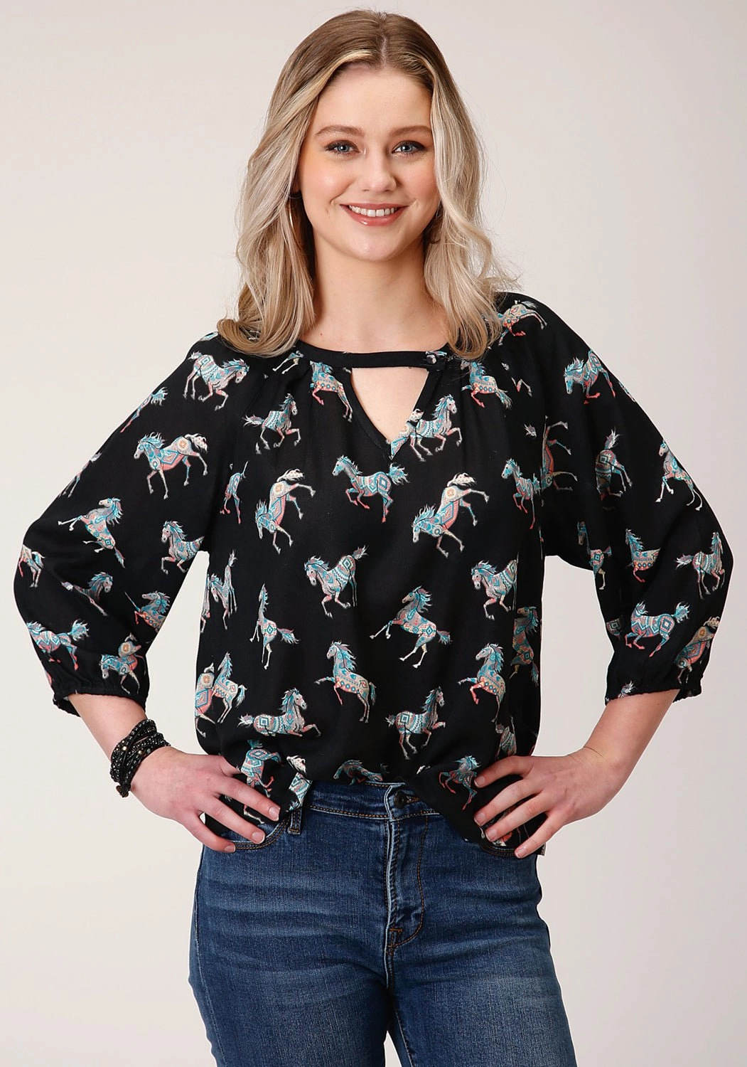 bohemian flair Button Down Design Roper Womens Black Rayon/Nylon Wild Horses 3/4 Sleeve Blouse